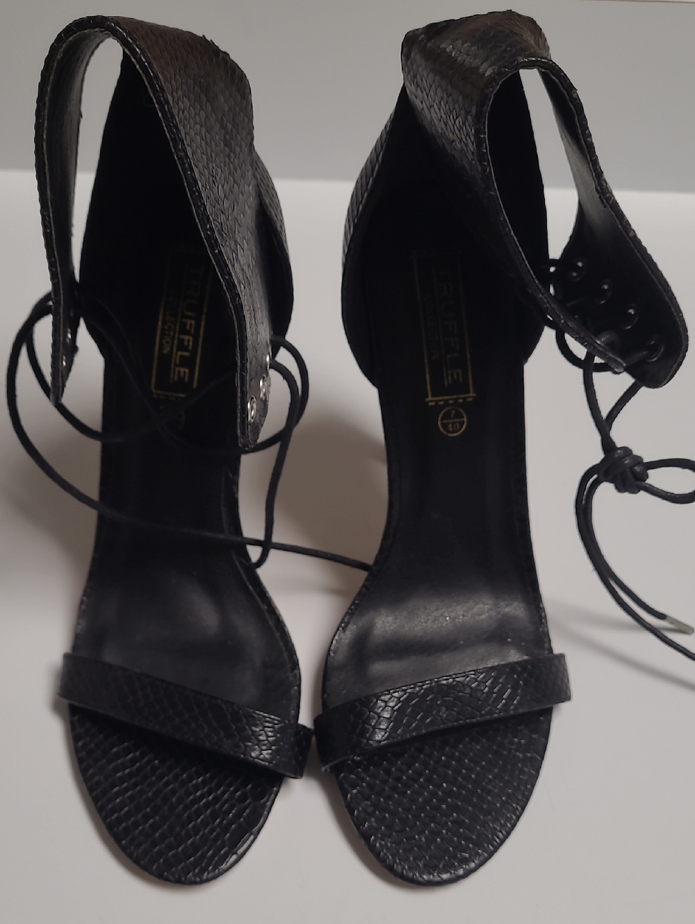 Truffle Collection Black Lace-Up Black Snakeskin Stiletto Heels Sandals